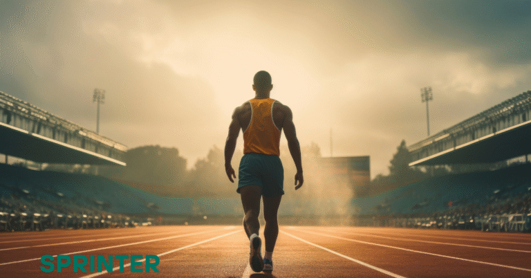 Sprinter unblocked game screenshot showing runner crossing finish line in school-friendly racing game
