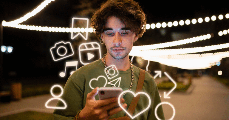 Insta stalker Man using smartphone with Instagram app while privacy warning symbols and digital security icons appear on screen